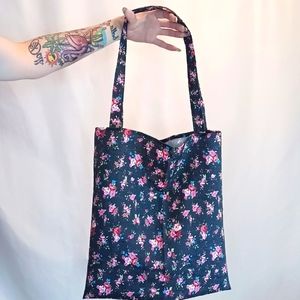 Black Denim Floral Print Tote Bag.